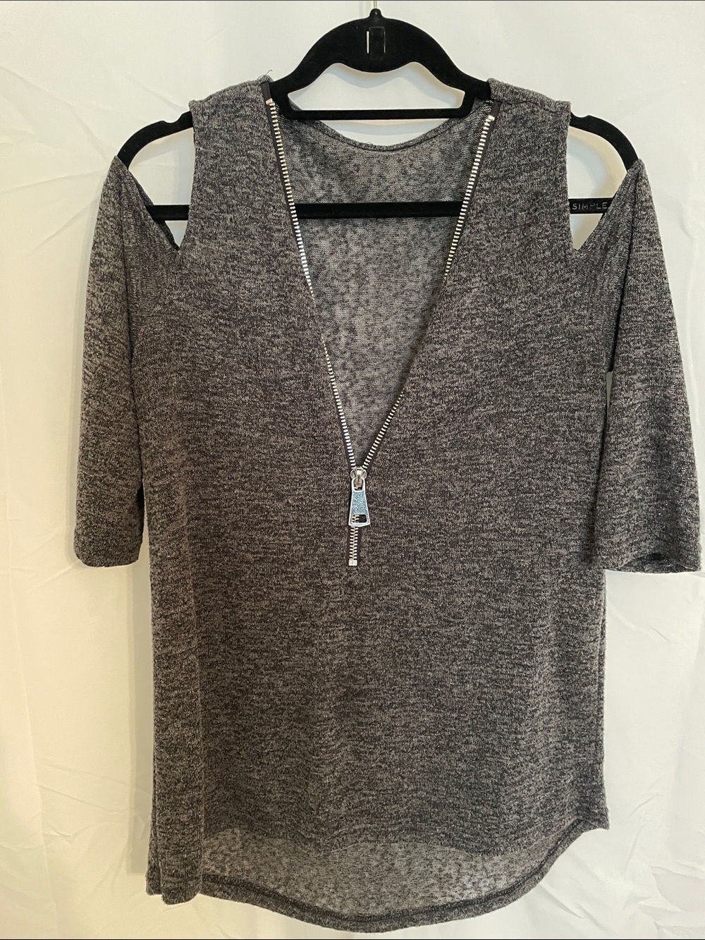 Gray Cold-Shoulder V-Neck Top with Zipper